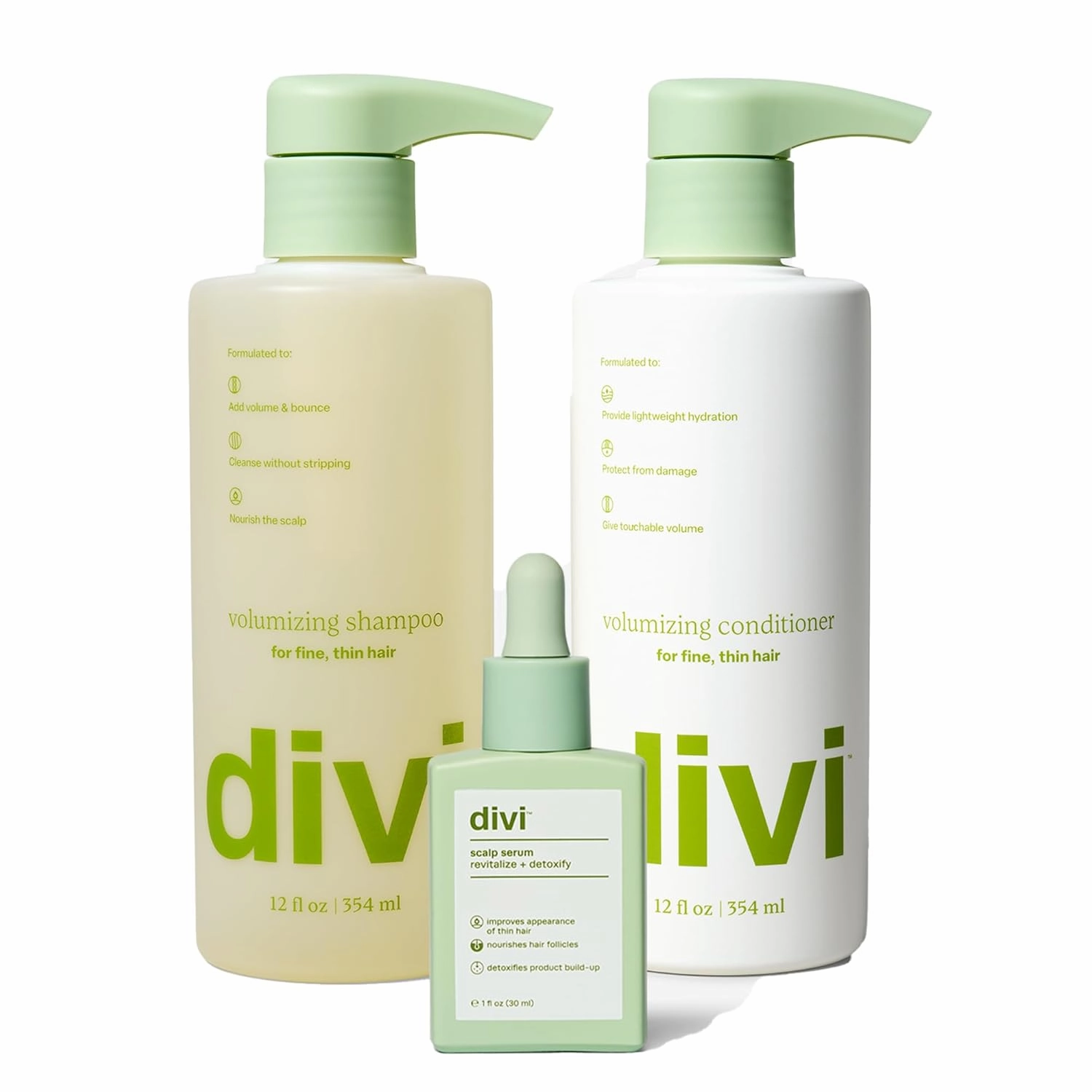 Divi Volumizing Starter Bundle for Women and Men - Includes Volumizing Shampoo, Conditioner, and Scalp Serum for Healthy, Fuller Hair - Lightweight Hair Care for Fine and Thinning Hair, 3-Piece Set