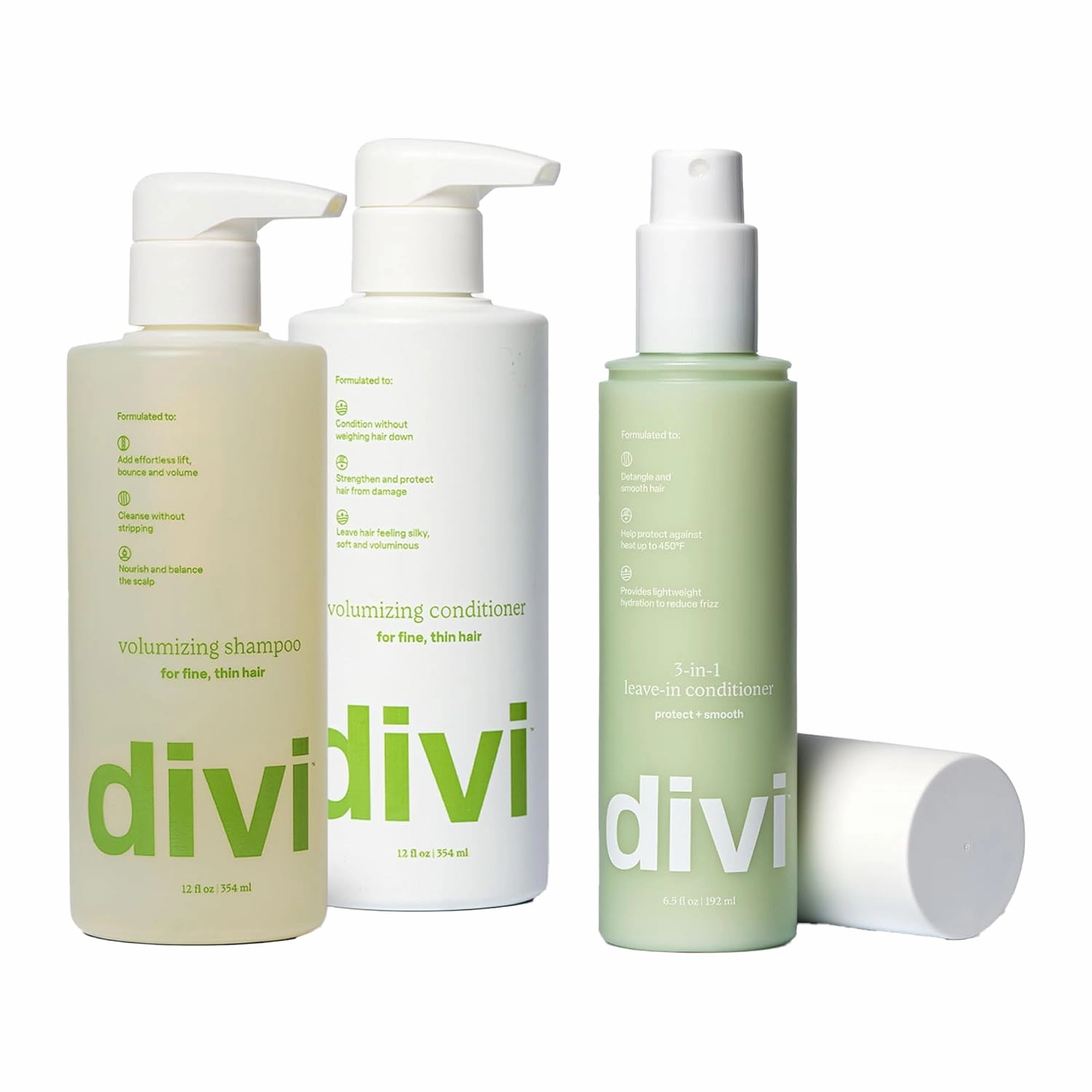 Divi Wash Day Essentials for Fine and Thinning Hair, Volumizing Shampoo, Conditioner, Leave-In Conditioner, 3-Piece Set