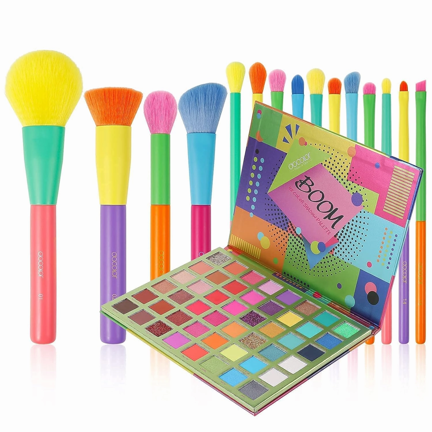 Docolor 15 Pcs Colourful Makeup Brush Set   48 Colors BOOM Eeyshadow Palette Ultra Pigmented Matte Shimmer Metallic Natural Blendable Soft Cream Powder Long Lasting Waterproof Make Up Eye Shadow Palet