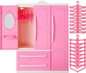 Doll Closet Furniture Wardrobe Clothing Organizer Doll Open Wardrobe Dollhouse Closet with 20 Pieces Hangers 2 Style Pink Plastic Hangers Dollhouse Furniture Accessories(Classic Style)