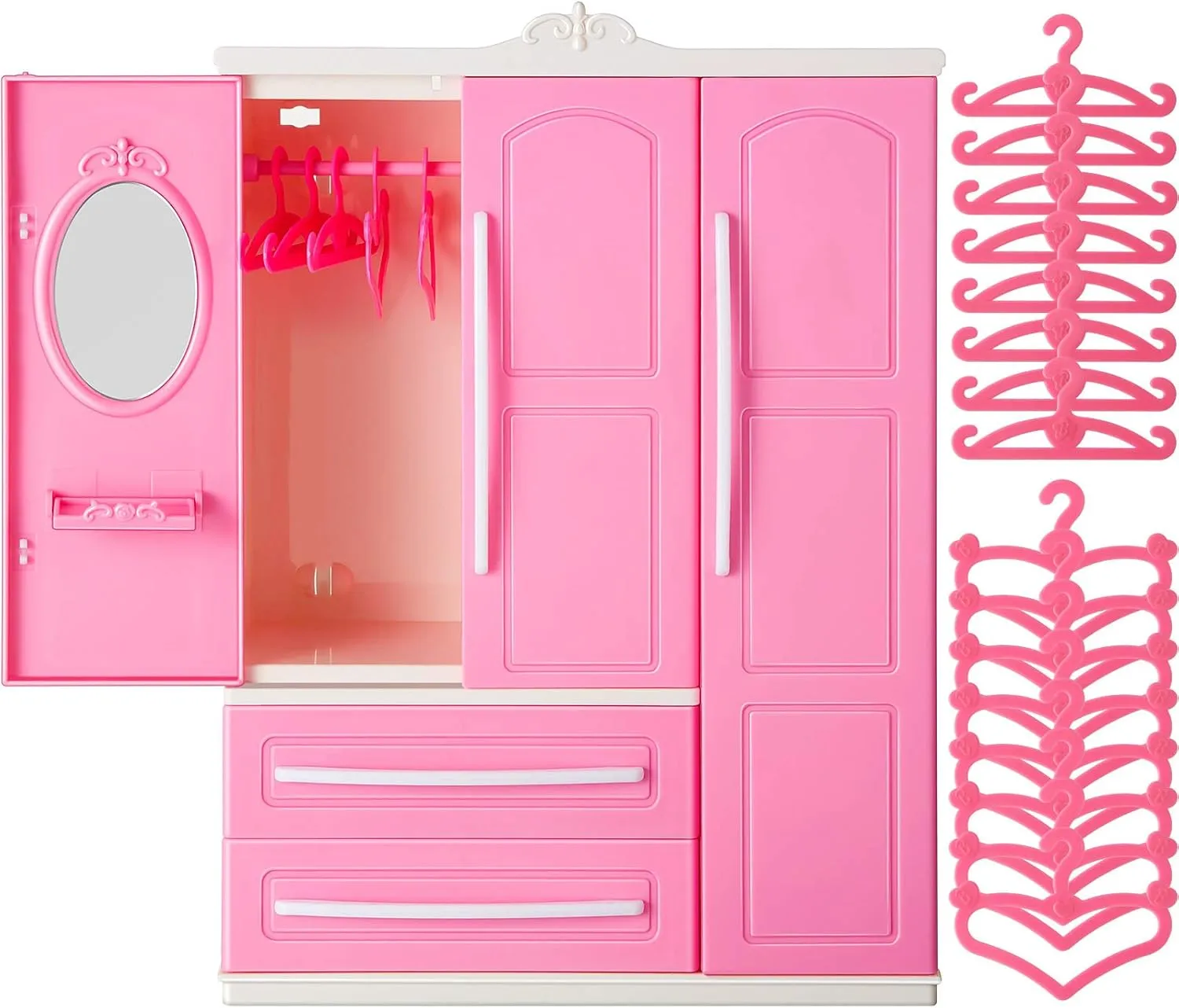 Doll Closet Furniture Wardrobe Clothing Organizer Doll Open Wardrobe Dollhouse Closet with 20 Pieces Hangers 2 Style Pink Plastic Hangers Dollhouse Furniture Accessories(Classic Style)