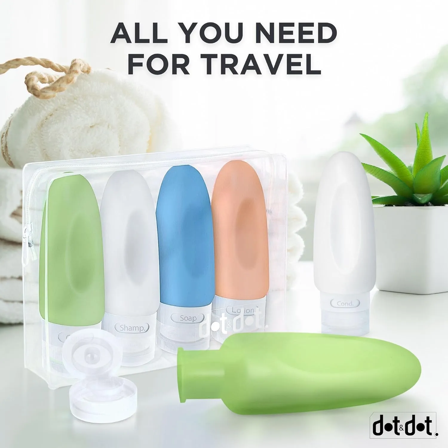Dot&Dot Leak Proof Travel Bottles - TSA Approved 3oz Silicone Toiletries Travel Shampoo & Conditioner Containers with Labels