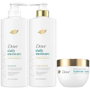 Dove Daily Moisture Shampoo & Conditioner Set with Hyaluronic & Moisture 10-in-1 Serum Mask – Deep Hydration for Smoothing & Revitalizing Dry Hair (3-Piece Set)