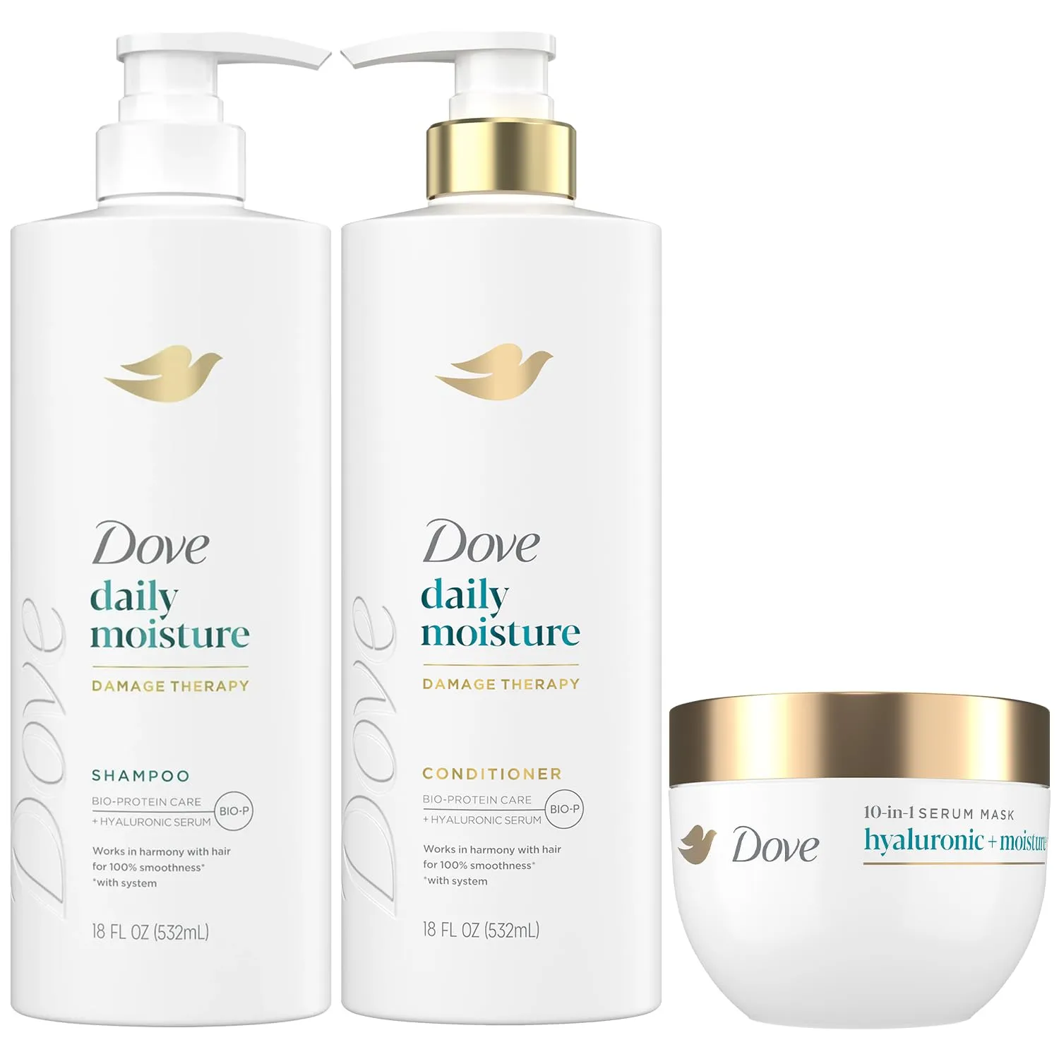 Dove Daily Moisture Shampoo & Conditioner Set with Hyaluronic & Moisture 10-in-1 Serum Mask – Deep Hydration for Smoothing & Revitalizing Dry Hair (3-Piece Set)