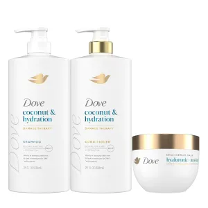 Dove Shampoo Coconut & Hydration 28 Fl oz, Conditioner Coconut & Hydration 28 Fl oz 10-in-1 Hydrating Hair Mask Hyaluronic Moisture 9.2 Fl oz