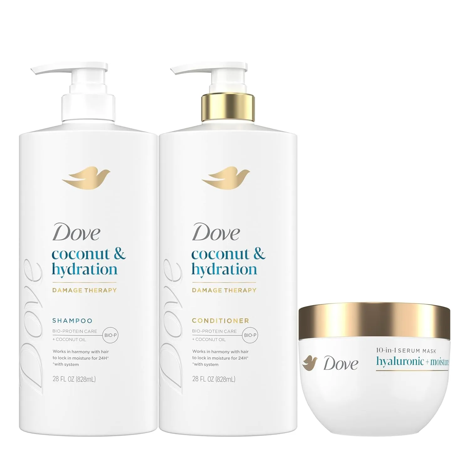Dove Shampoo Coconut & Hydration 28 Fl oz, Conditioner Coconut & Hydration 28 Fl oz 10-in-1 Hydrating Hair Mask Hyaluronic Moisture 9.2 Fl oz