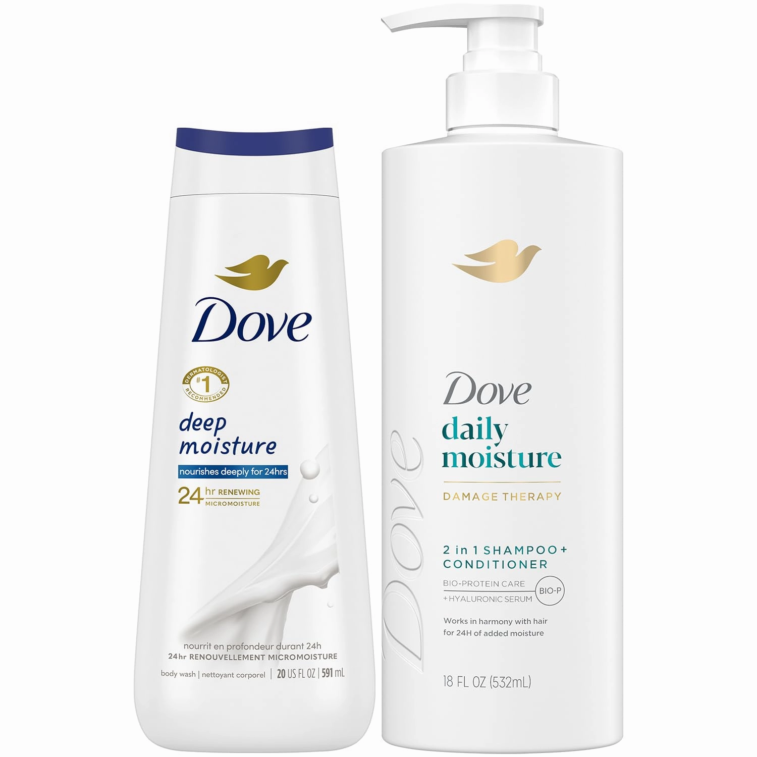 Dove 2-in-1 Shampoo & Conditioner, Daily Moisture Deep Moisture Body Wash – Deep Hydration for Revitalizing Dry Hair and Skin (2 Piece Set)