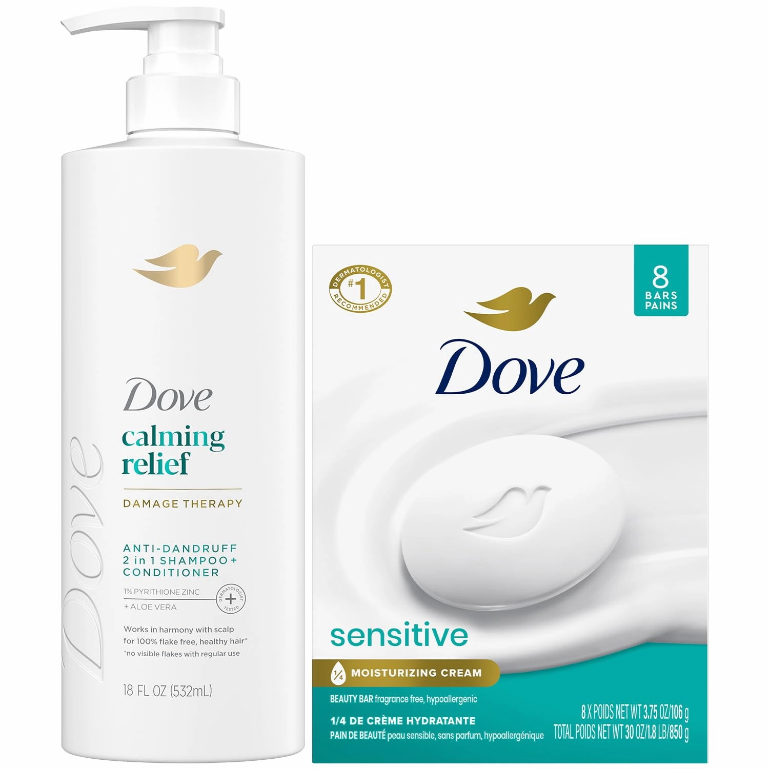 Dove Dandruff Shampoo & Conditioner 2-in-1, DermaCare Calming Relief with Pyrithione Zinc   Beauty Bar Soap for Sensitive Skin 8-Pack – Relief for Itchy Scalp and Dry Skin (9 Piece Set)