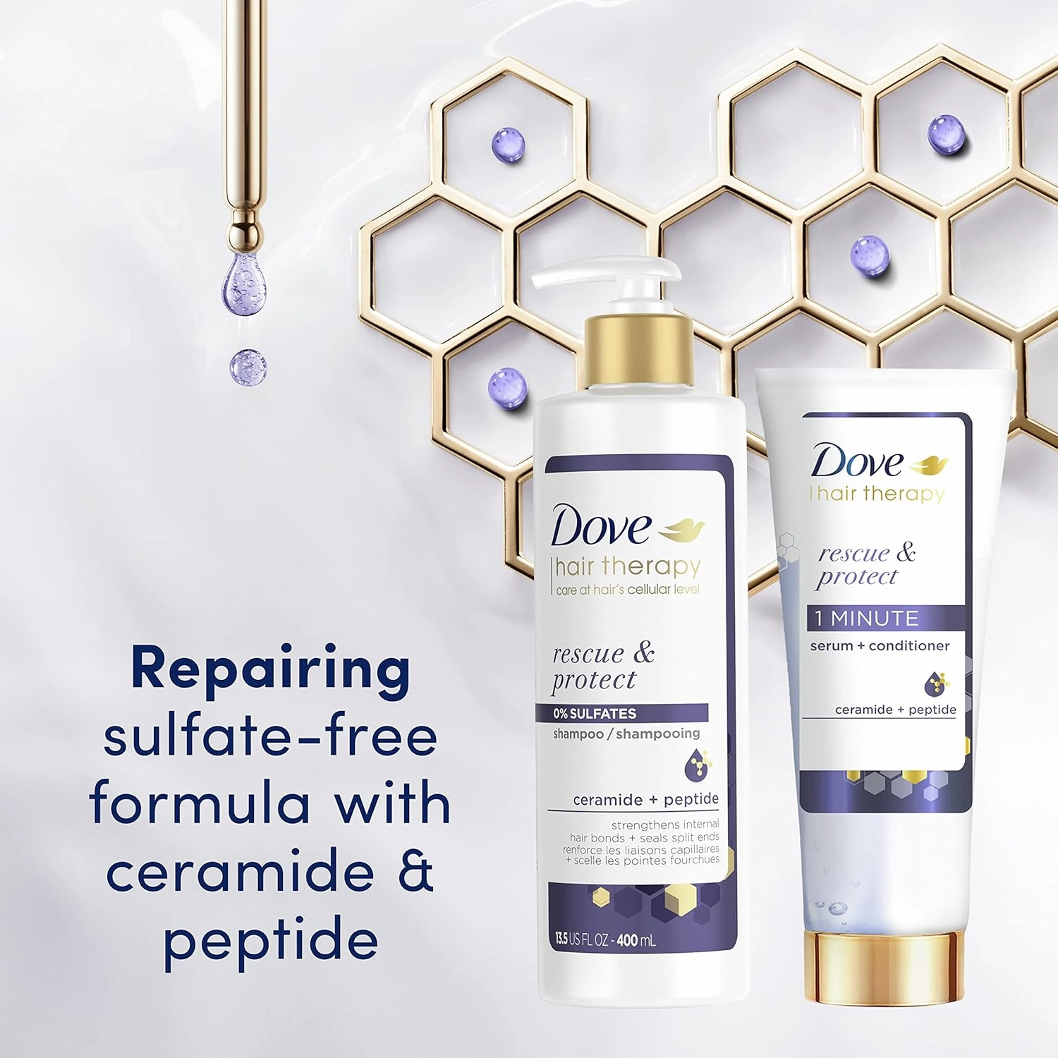 Dove Hair Therapy Shampoo Hair Care For Split Ends and Damaged Hair Rescue and Protect Sulfate Free Shampoo 13.5 oz
