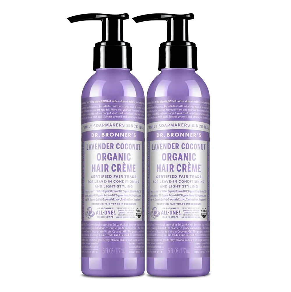 Dr. Bronner’s Organic Hair Crème Leave-In Conditioner Styling Cream Anti Frizz Hair Product for Women & Men Hair Cream USDA Organic, Cruelty Free, Lavender Coconut - 6oz 2 Pack
