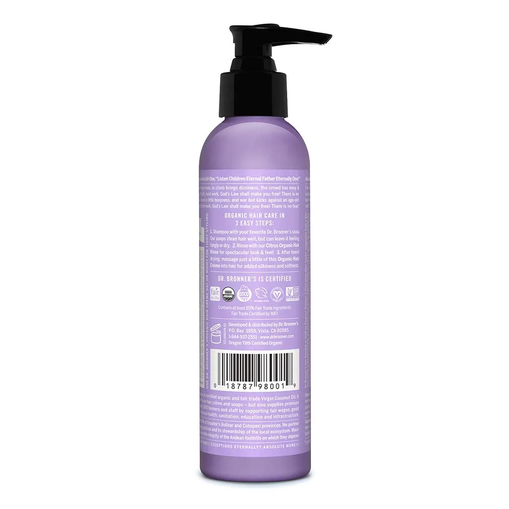 Dr. Bronner’s Organic Hair Crème Leave-In Conditioner Styling Cream Anti Frizz Hair Product for Women & Men Hair Cream USDA Organic, Cruelty Free, Lavender Coconut - 6oz 2 Pack