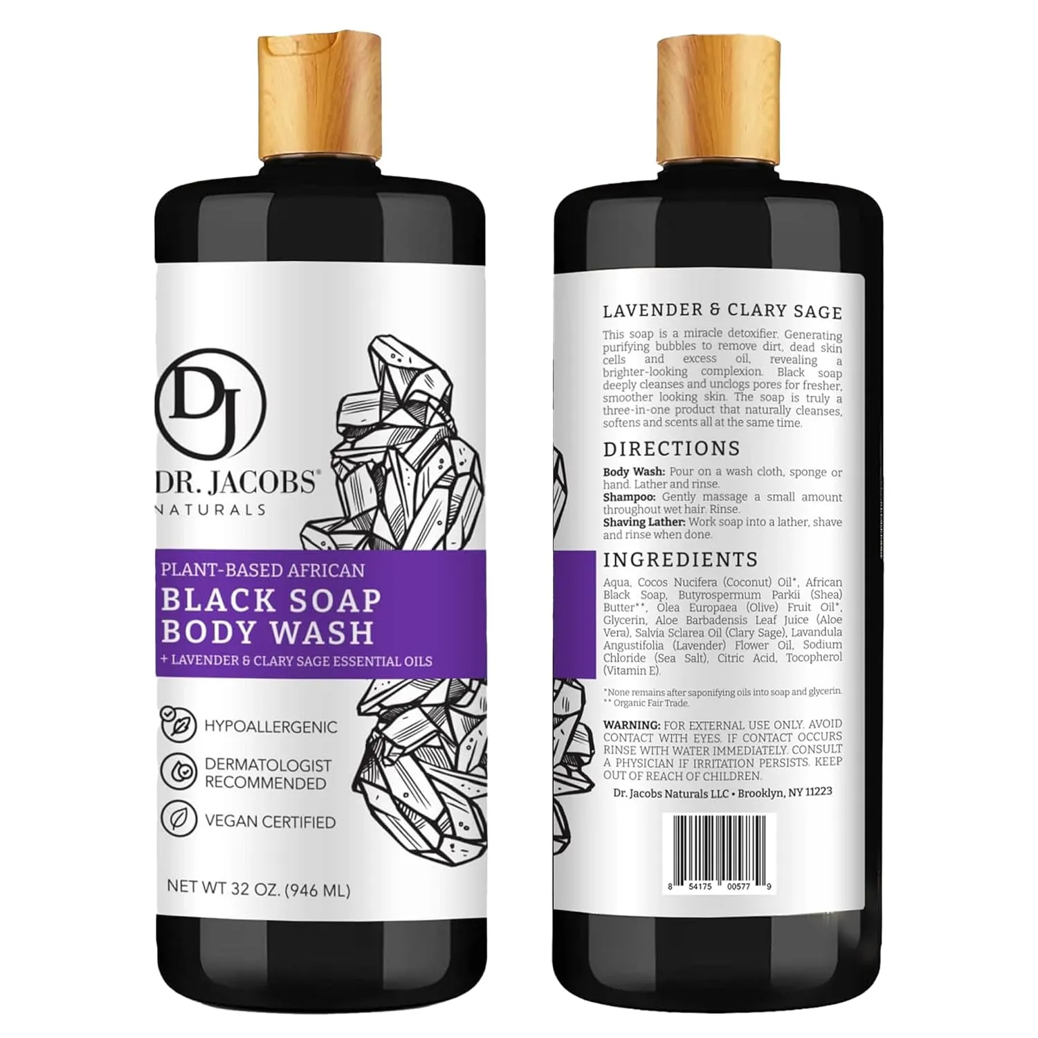 Dr Jacobs Naturals Authentic African Black Liquid Soap with Lavender & Sage Scent All-In-One Face Wash, Sensitive Skin Body Wash, Shampoo, Shaving Soap | Moisturizing and Nourishing Formula 32oz 1pk