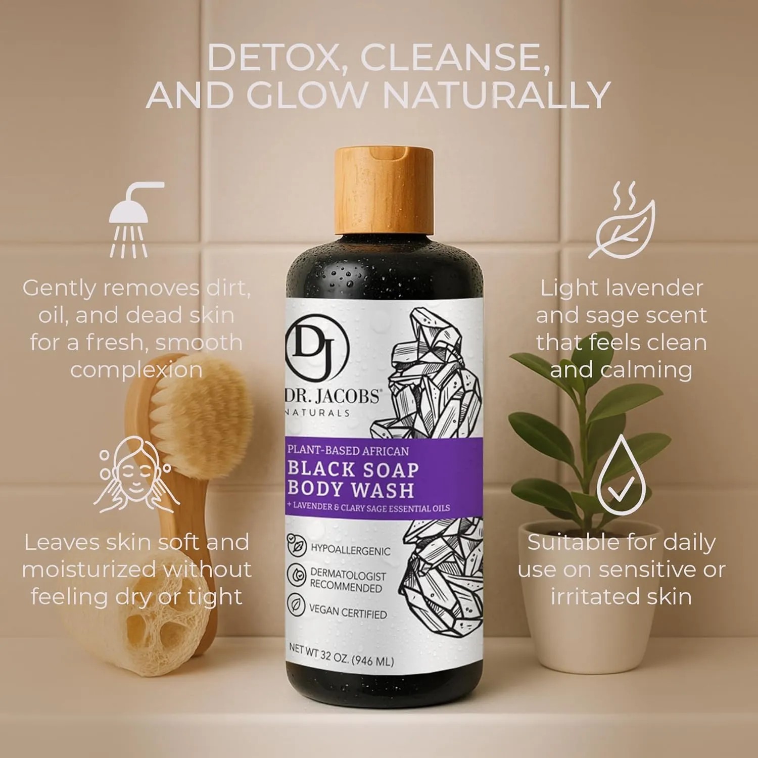 Dr Jacobs Naturals Authentic African Black Liquid Soap with Lavender & Sage Scent All-In-One Face Wash, Sensitive Skin Body Wash, Shampoo, Shaving Soap | Moisturizing and Nourishing Formula 32oz 1pk