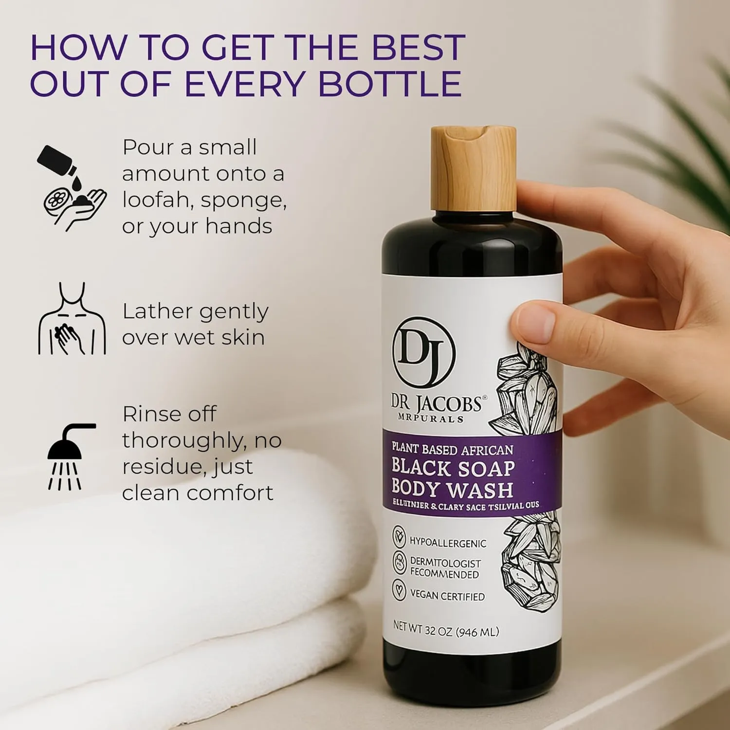 Dr Jacobs Naturals Authentic African Black Liquid Soap with Lavender & Sage Scent All-In-One Face Wash, Sensitive Skin Body Wash, Shampoo, Shaving Soap | Moisturizing and Nourishing Formula 32oz 1pk