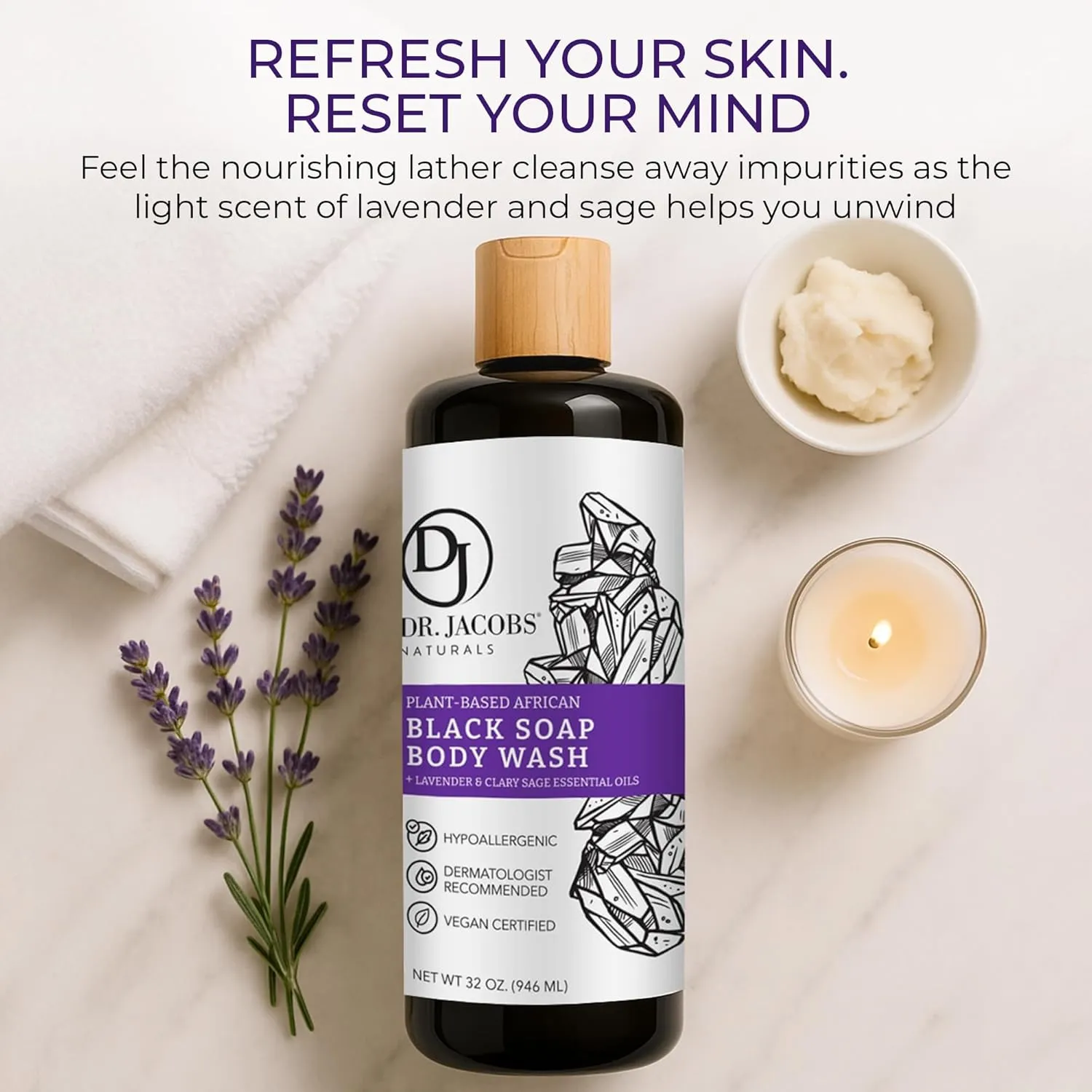 Dr Jacobs Naturals Authentic African Black Liquid Soap with Lavender & Sage Scent All-In-One Face Wash, Sensitive Skin Body Wash, Shampoo, Shaving Soap | Moisturizing and Nourishing Formula 32oz 1pk