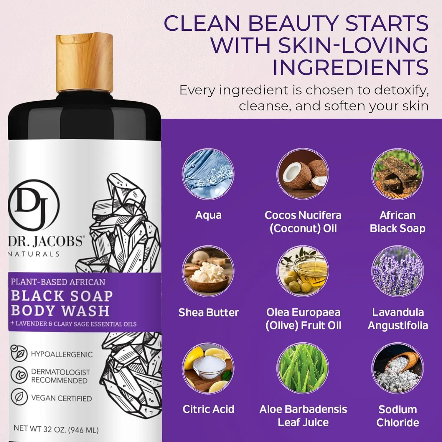 Dr Jacobs Naturals Authentic African Black Liquid Soap with Lavender & Sage Scent All-In-One Face Wash, Sensitive Skin Body Wash, Shampoo, Shaving Soap | Moisturizing and Nourishing Formula 32oz 1pk