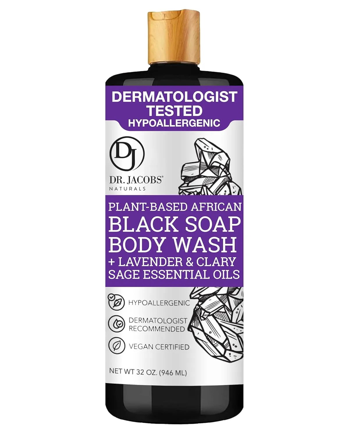 Dr Jacobs Naturals Authentic African Black Liquid Soap with Lavender & Sage Scent All-In-One Face Wash, Sensitive Skin Body Wash, Shampoo, Shaving Soap | Moisturizing and Nourishing Formula 32oz 1pk