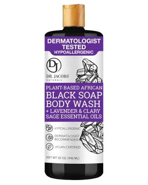 Dr Jacobs Naturals Authentic African Black Liquid Soap with Lavender & Sage Scent All-In-One Face Wash, Sensitive Skin Body Wash, Shampoo, Shaving Soap | Moisturizing and Nourishing Formula 32oz 1pk