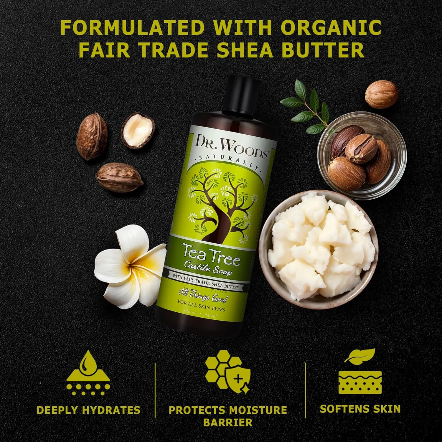 Dr. Woods Tea Tree Liquid Castile Soap - Castile Soap with Pure Tea Tree Oil, Body Wash for Men and Women, Organic Shea Butter, Natural Cleaner for Face, Hands, and Body - 32 Fl Oz, Pack of 3