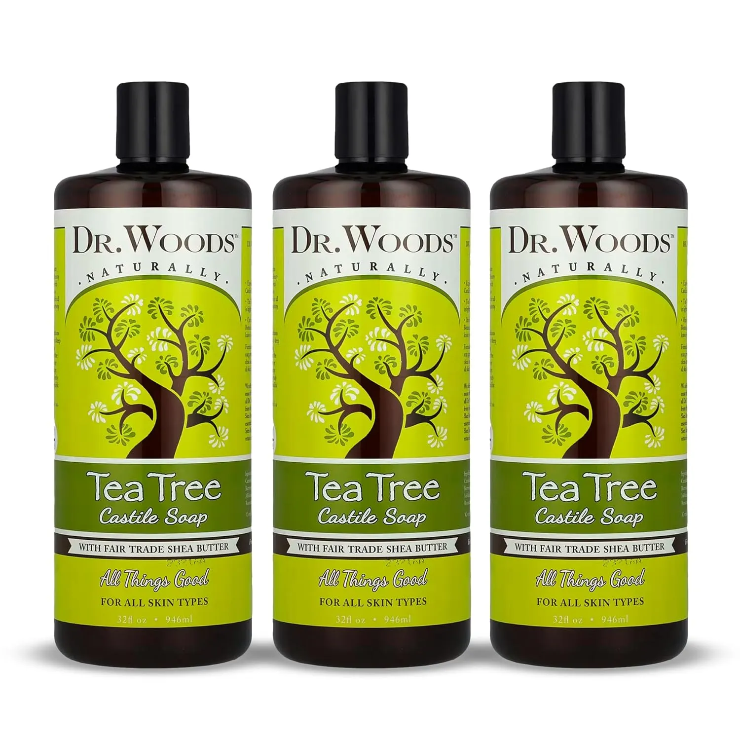 Dr. Woods Tea Tree Liquid Castile Soap - Castile Soap with Pure Tea Tree Oil, Body Wash for Men and Women, Organic Shea Butter, Natural Cleaner for Face, Hands, and Body - 32 Fl Oz, Pack of 3