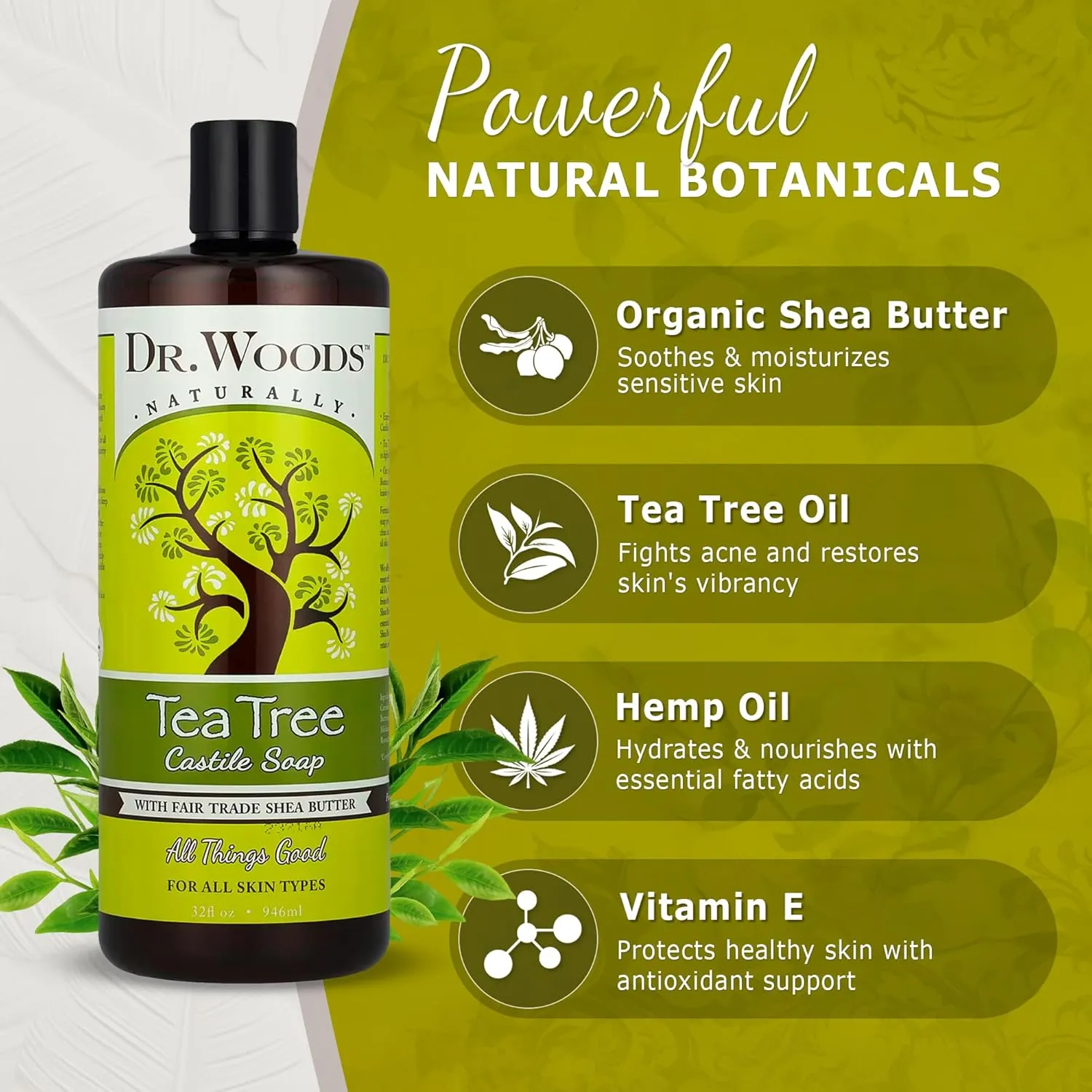 Dr. Woods Tea Tree Liquid Castile Soap - Castile Soap with Pure Tea Tree Oil, Body Wash for Men and Women, Organic Shea Butter, Natural Cleaner for Face, Hands, and Body - 32 Fl Oz, Pack of 3
