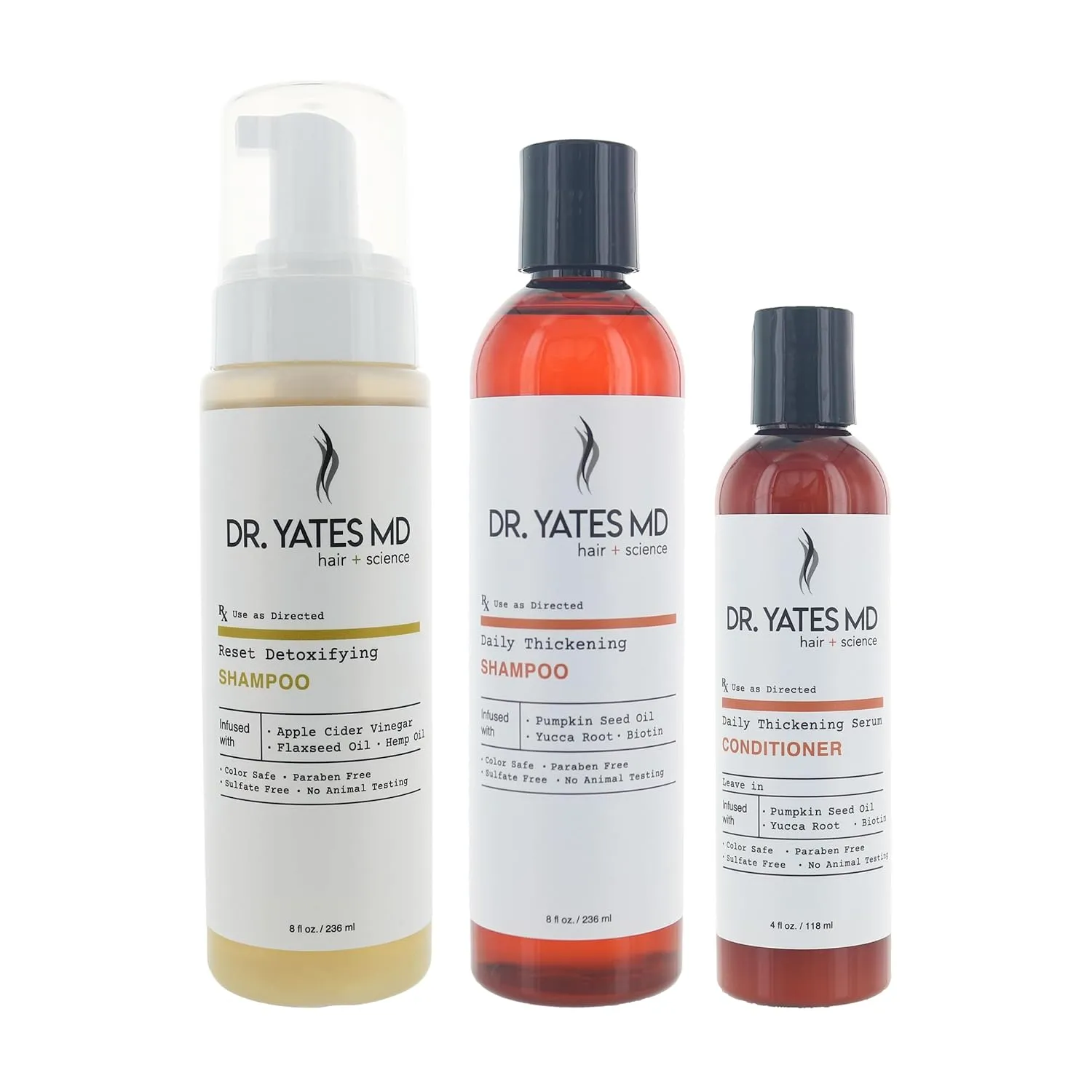 Dr. Yates MD - Hair Thickening Bundle - Bundle with Daily Thickening Shampoo   Daily Thickening Serum Leave in Conditioner   Reset Detoxifying Shampoo - 3 items