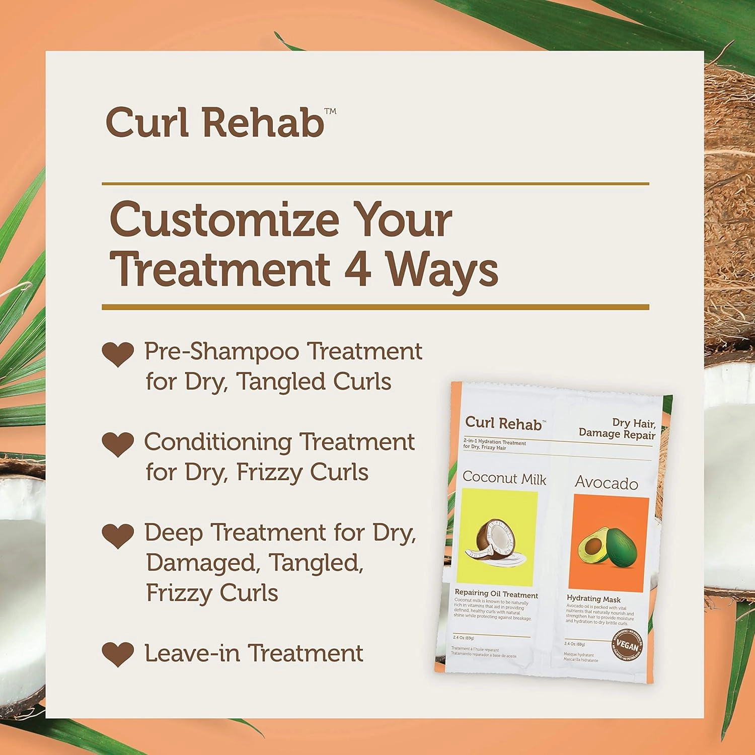 Dry Hair/Damage Repair Dual Treatment, Coconut Milk Repairing Oil Treatment & Avocado Hydrating Mask, 4.8 Oz Packette, 6 Count
