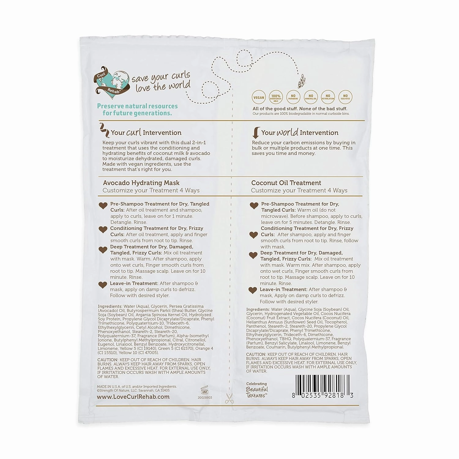 Dry Hair/Damage Repair Dual Treatment, Coconut Milk Repairing Oil Treatment & Avocado Hydrating Mask, 4.8 Oz Packette, 6 Count