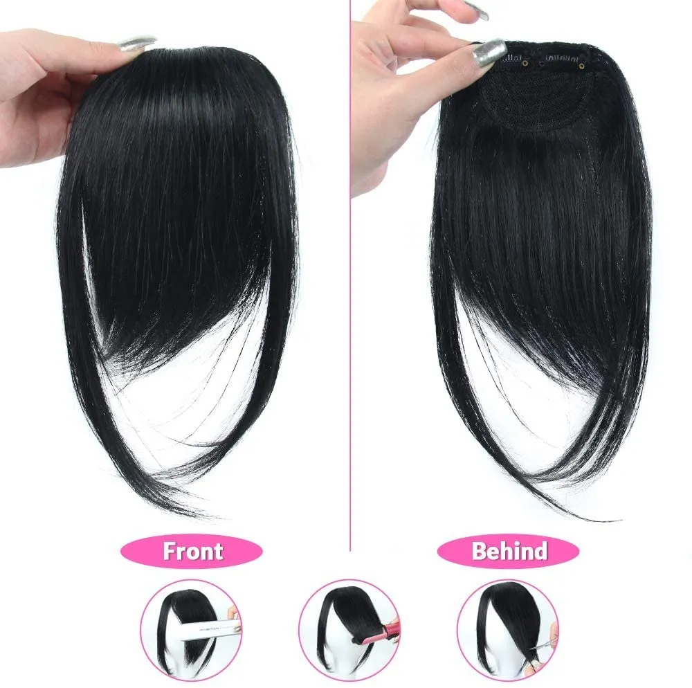 Dsoar Thick Side Bangs Clip in Bangs Real Human Hair Bang Natural Clip on Side Bangs Straight Fringe Hair Extensions(Jet Black,with Temples)
