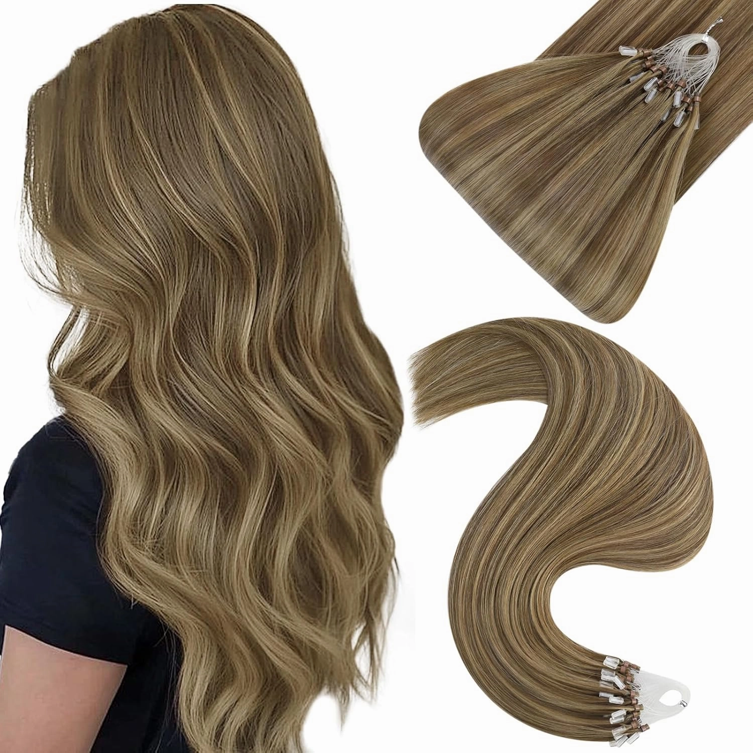 Easyouth Micro Bead Hair Extensions Real Human Hair Brown Micro Beads Hair Extensions Dark Brown with Blonde Highlight Micros Link Hair Extension Human Hair Natural Look 20 In 50g 50s