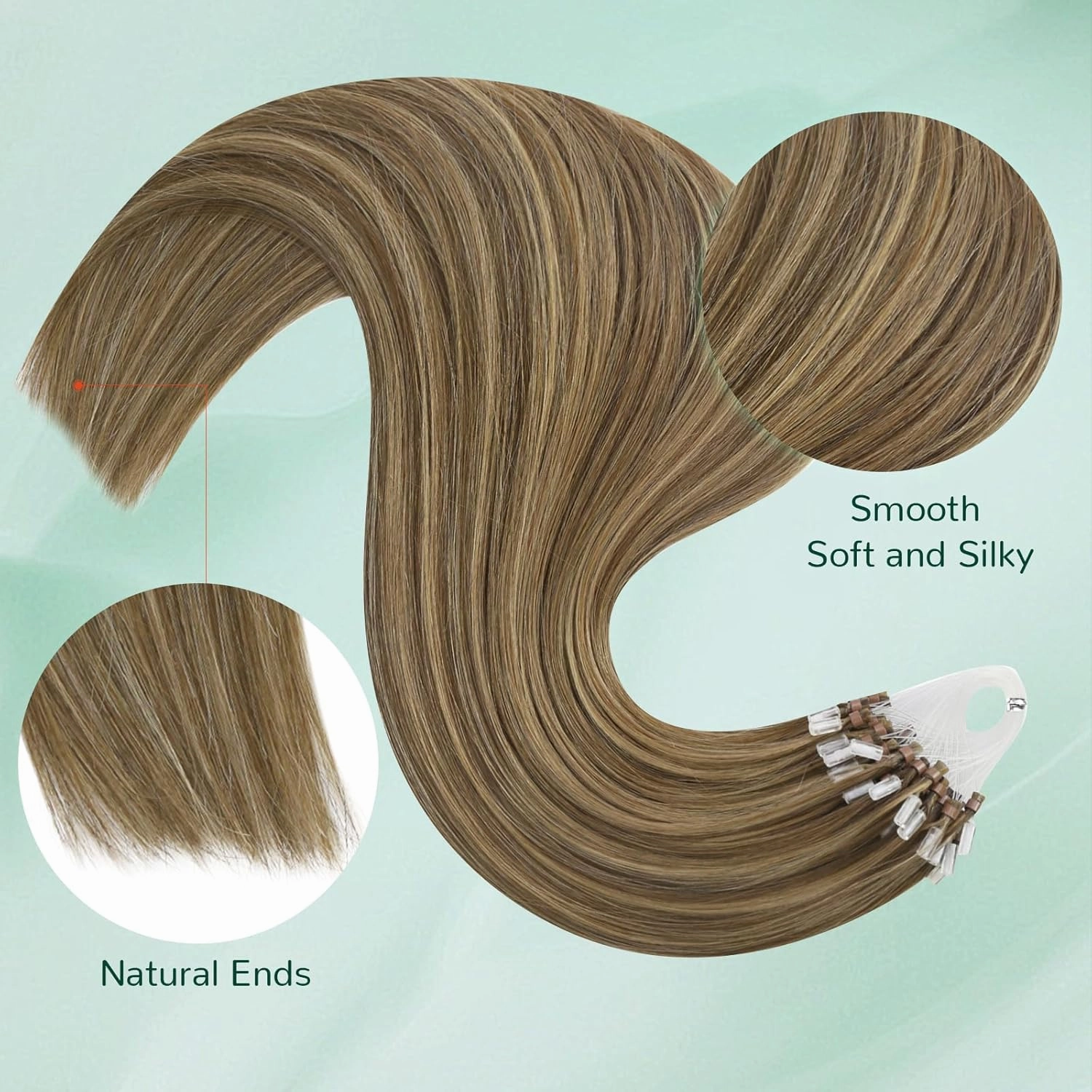 Easyouth Micro Bead Hair Extensions Real Human Hair Brown Micro Beads Hair Extensions Dark Brown with Blonde Highlight Micros Link Hair Extension Human Hair Natural Look 20 In 50g 50s