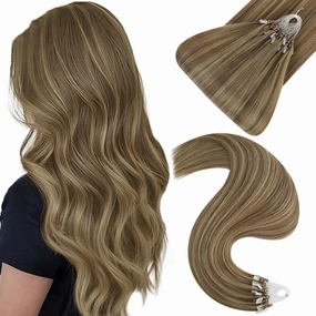 Easyouth Micro Bead Hair Extensions Real Human Hair Brown Micro Beads Hair Extensions Dark Brown with Blonde Highlight Micros Link Hair Extension Human Hair Natural Look 20 In 50g 50s