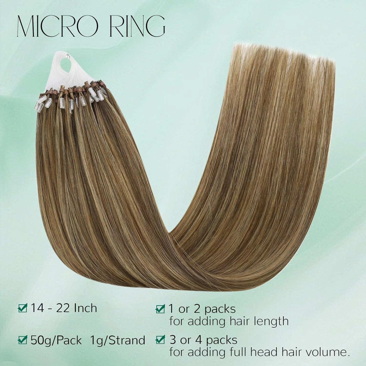Easyouth Micro Bead Hair Extensions Real Human Hair Brown Micro Beads Hair Extensions Dark Brown with Blonde Highlight Micros Link Hair Extension Human Hair Natural Look 20 In 50g 50s