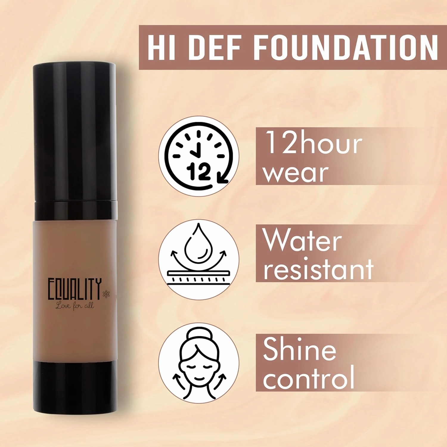EQUALITY HI-DEF Foundation, Water resistant, Medium to Full coverage, Dewy finish non-matt, 12 hour wear Shine control, Cruelty Free, Paraben Free, 18ml/0.61 US Fl Oz - C85