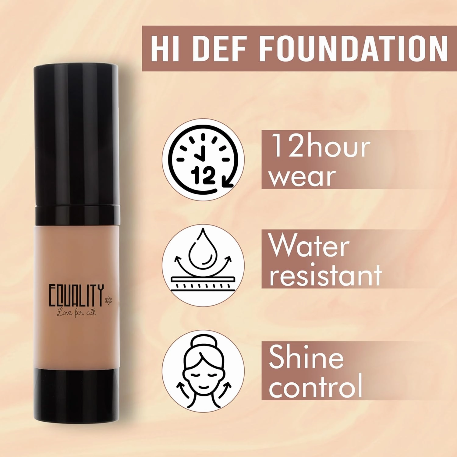 EQUALITY HI-DEF Foundation, Water resistant, Medium to Full coverage, Dewy finish non-matt, 12 hour wear Shine control, Cruelty Free, Paraben Free, 18ml/0.61 US Fl Oz - C8