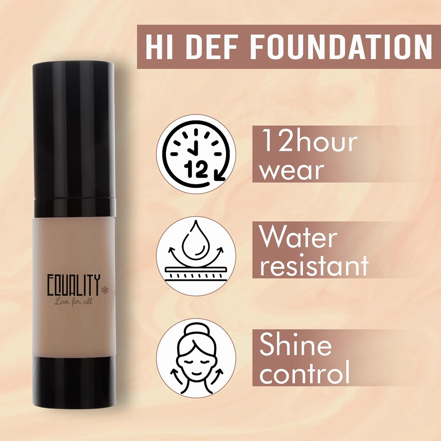 EQUALITY HI-DEF Foundation, Water resistant, Medium to Full coverage, Dewy finish non-matt, 12 hour wear Shine control, Cruelty Free, Paraben Free, 18ml/0.61 US Fl Oz - N45