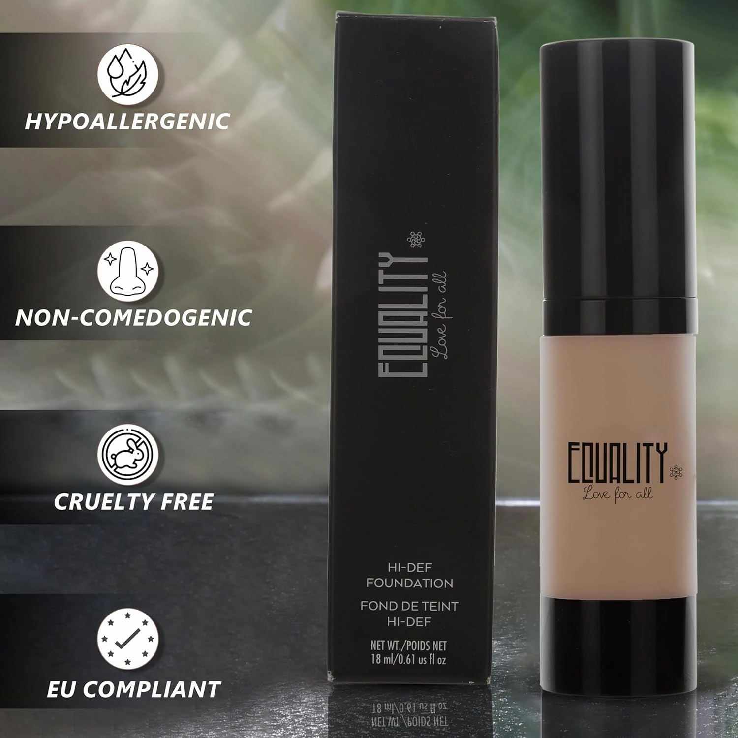 EQUALITY HI-DEF Foundation, Water resistant, Medium to Full coverage, Dewy finish non-matt, 12 hour wear Shine control, Cruelty Free, Paraben Free, 18ml/0.61 US Fl Oz - N45