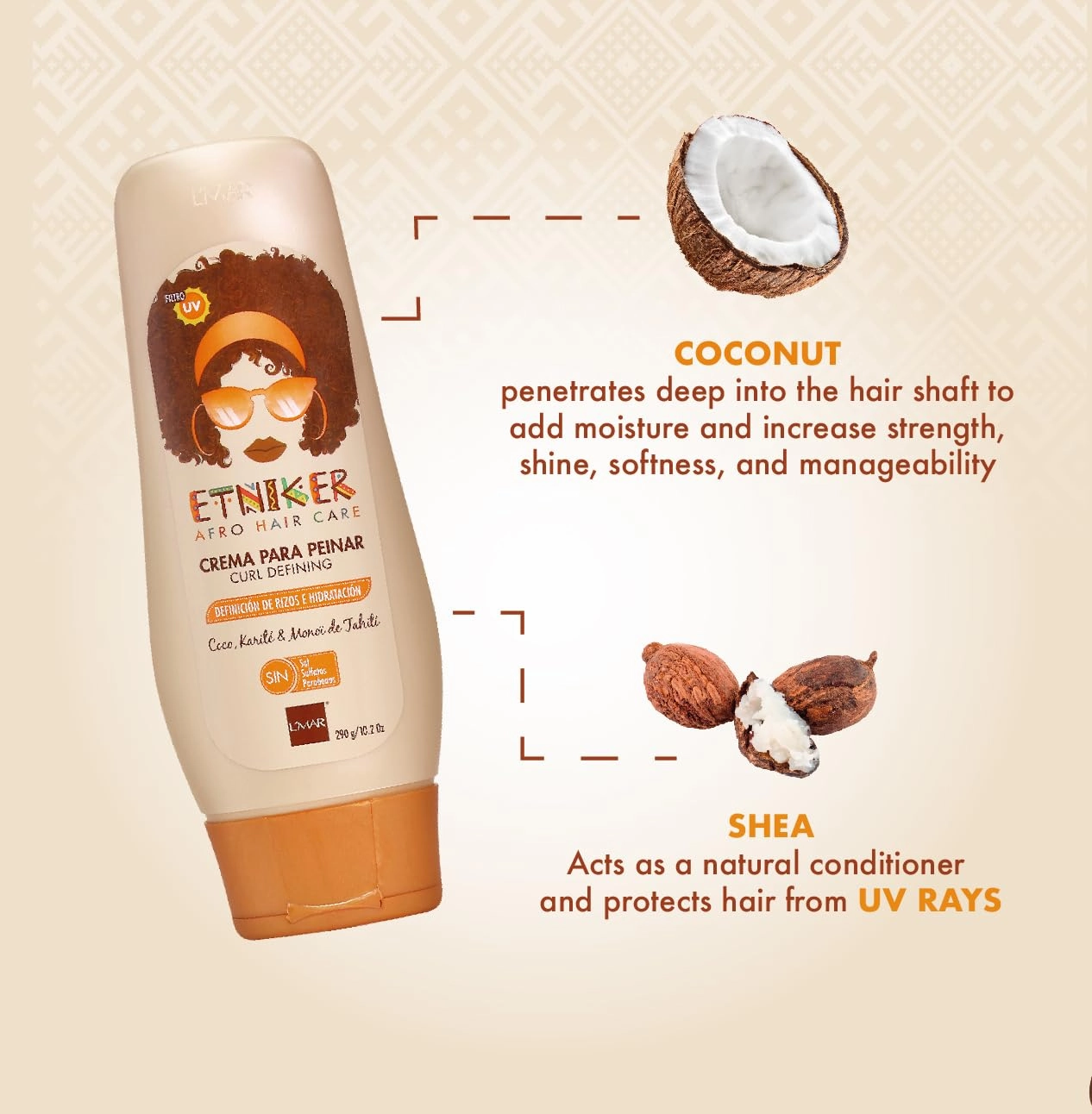 ETNIKER Curl Defining Styling Cream. Moisturize & Define. Coconut oil, Shea Butter & Monoi Oil. Free Sulfates, Salt, Silicones, Mineral Oil, and Parabens 10.2, Ounce. Etniker crema para peinar rizos