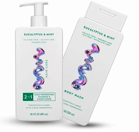 Eucalyptus & Mint - Body Wash 18 Fl Oz And Shampoo and Conditioner 2 in1 16.5 Fl Oz - Contain Naturally Derived Ingredients | All Hair - Silicone, Sulfate and Paraben Free - Full & Thick - Pack Of 02