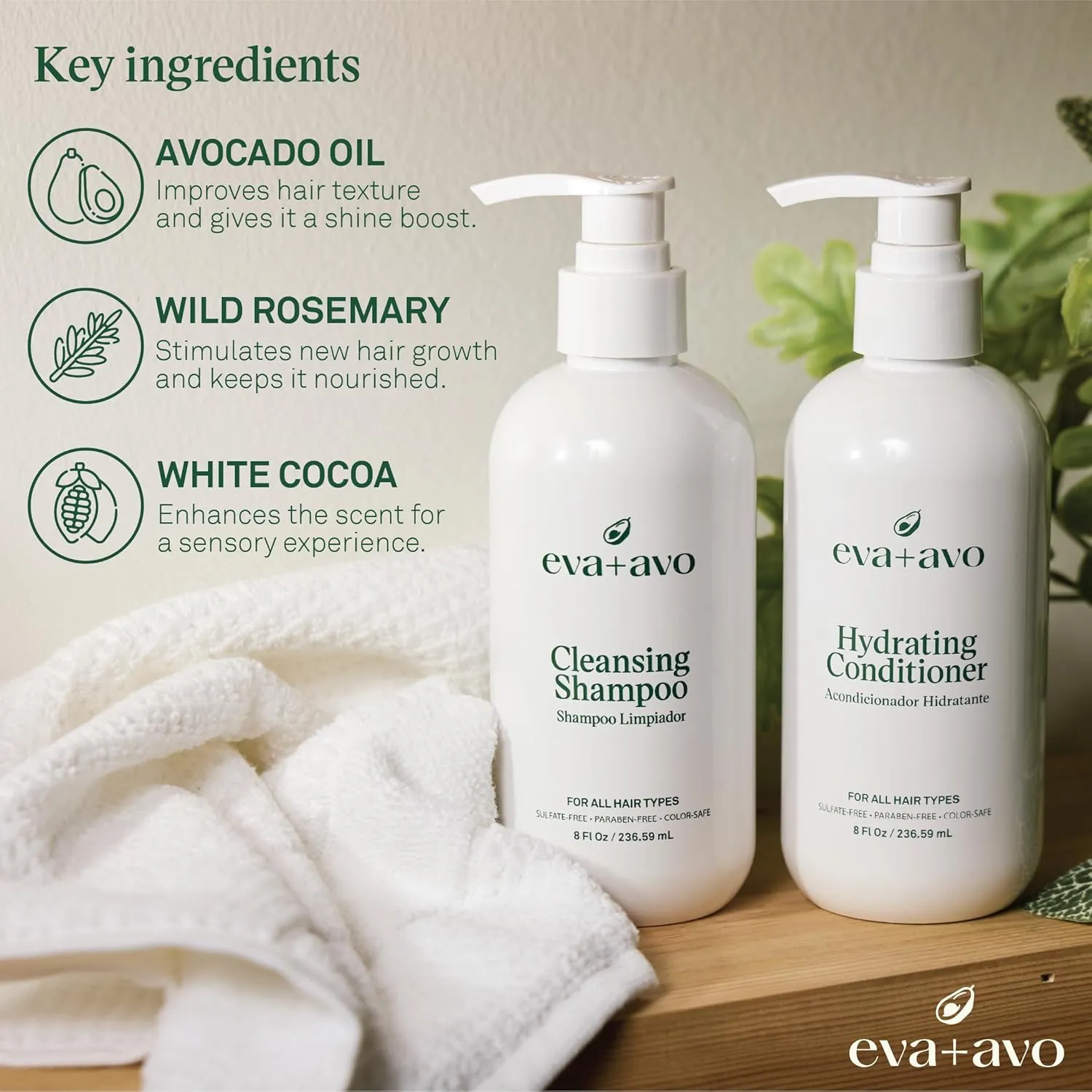 EVA   AVO Shampoo and Conditioner Set – Cleansing Shampoo and Hydrating Conditioner with Avocado Oil and Wild Rosemary for All Hair Types – 8 Fl Oz