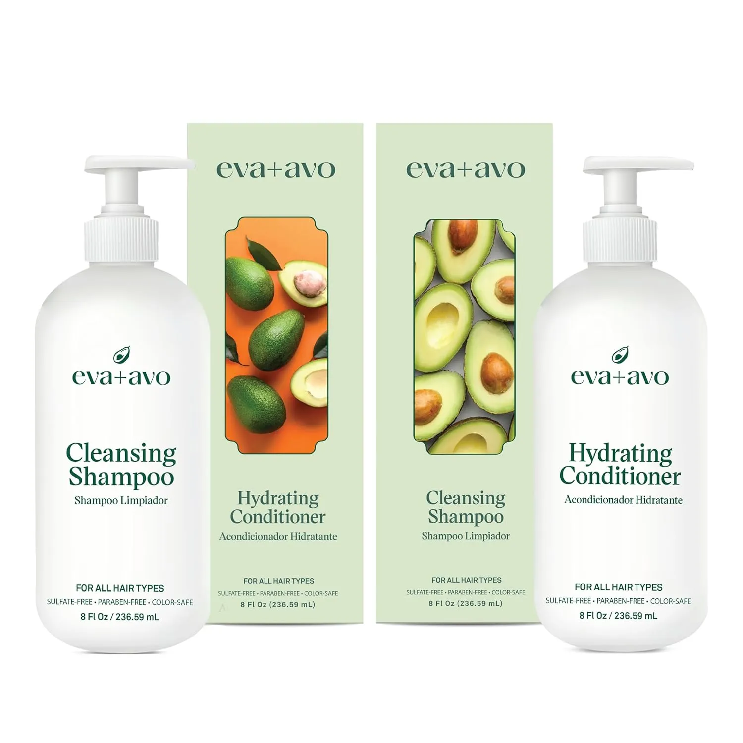 EVA   AVO Shampoo and Conditioner Set – Cleansing Shampoo and Hydrating Conditioner with Avocado Oil and Wild Rosemary for All Hair Types – 8 Fl Oz