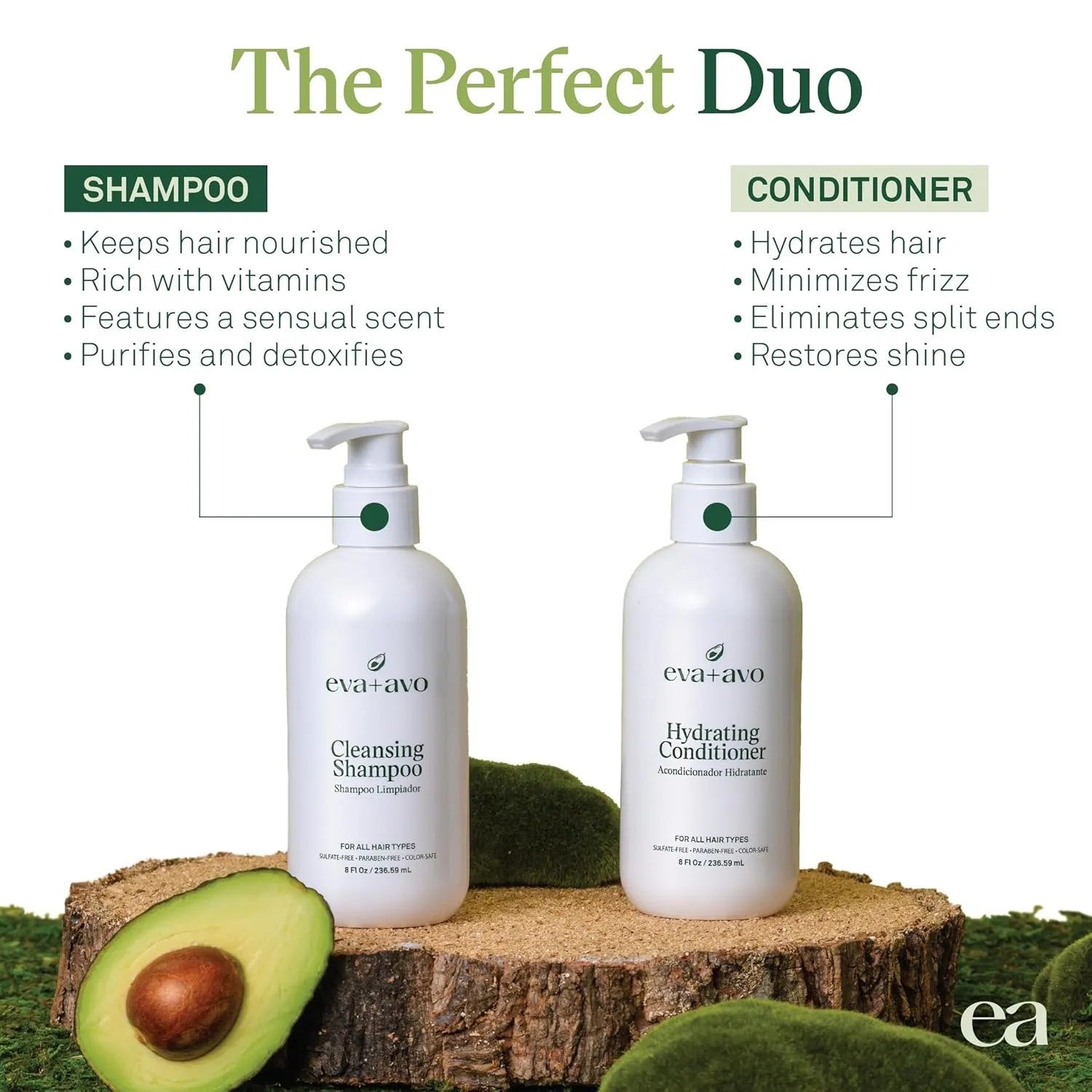EVA   AVO Shampoo and Conditioner Set – Cleansing Shampoo and Hydrating Conditioner with Avocado Oil and Wild Rosemary for All Hair Types – 8 Fl Oz