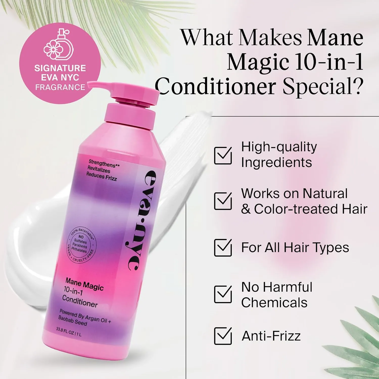 Eva NYC Mane Magic 10-in-1 Hair Conditioner, Sulfate-Free for Soft, Smooth, Strengthened Locks - All Hair Types, GMO-Free, 1L