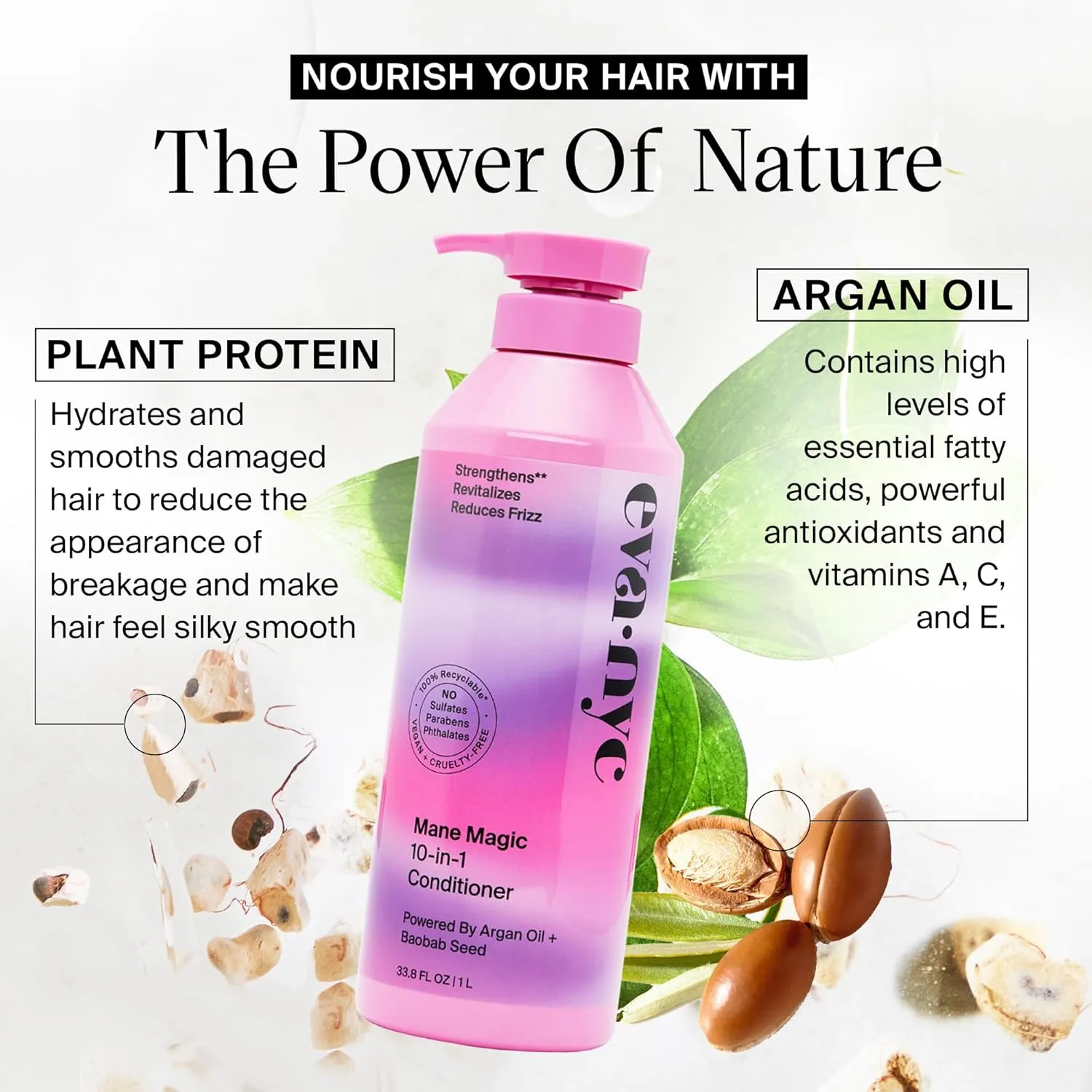 Eva NYC Mane Magic 10-in-1 Hair Conditioner, Sulfate-Free for Soft, Smooth, Strengthened Locks - All Hair Types, GMO-Free, 1L
