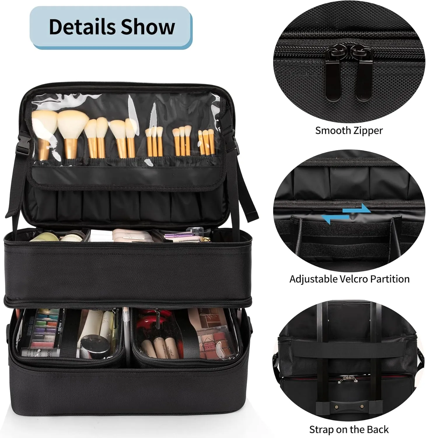Extra Large Makeup Case, Professional Makeup Artist Traveling Bag, Double Layer XL Makeup Travel Case Organizer for Artist Nail Technician Hairstylist Crafters with 2 Detachable Pouch & Shoulder Strap