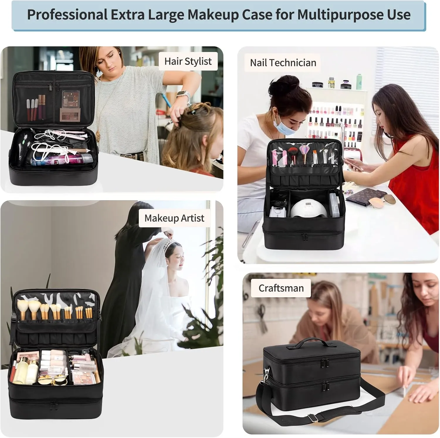 Extra Large Makeup Case, Professional Makeup Artist Traveling Bag, Double Layer XL Makeup Travel Case Organizer for Artist Nail Technician Hairstylist Crafters with 2 Detachable Pouch & Shoulder Strap