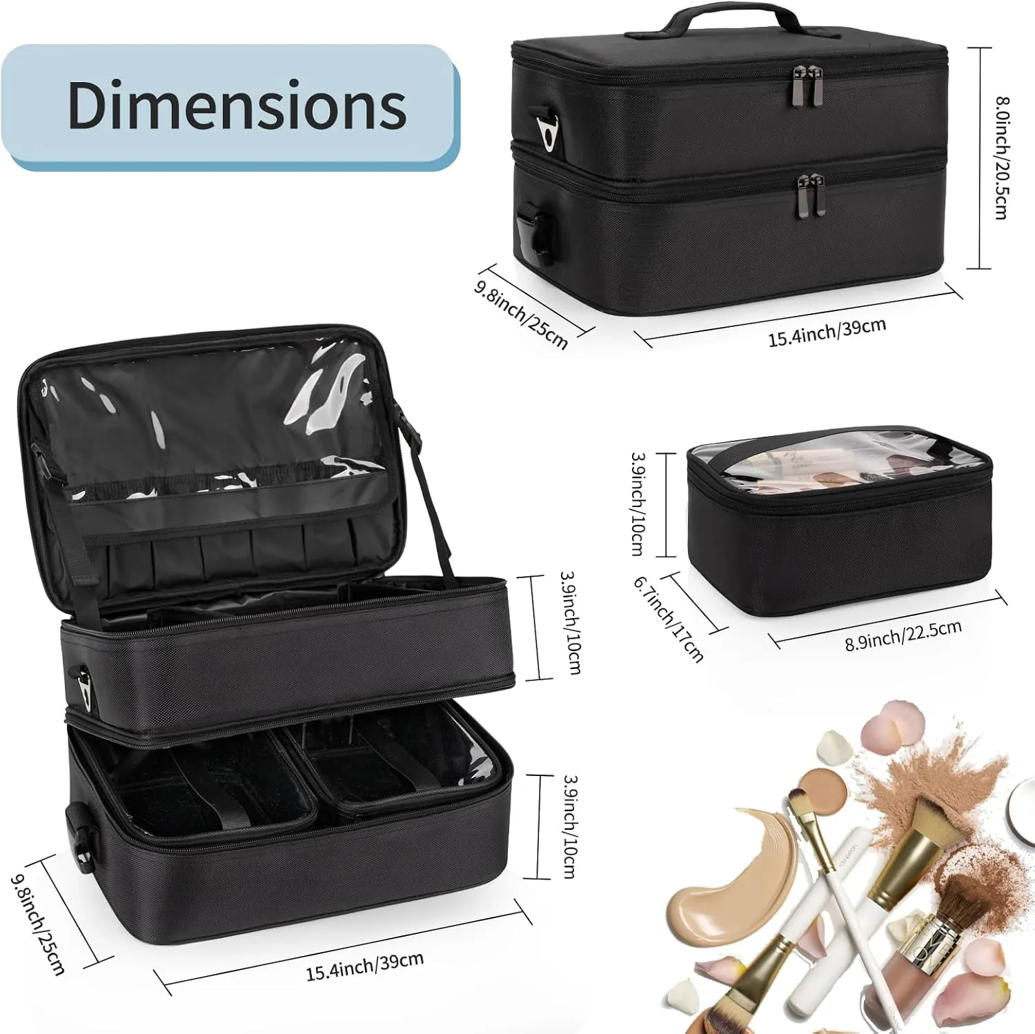 Extra Large Makeup Case, Professional Makeup Artist Traveling Bag, Double Layer XL Makeup Travel Case Organizer for Artist Nail Technician Hairstylist Crafters with 2 Detachable Pouch & Shoulder Strap