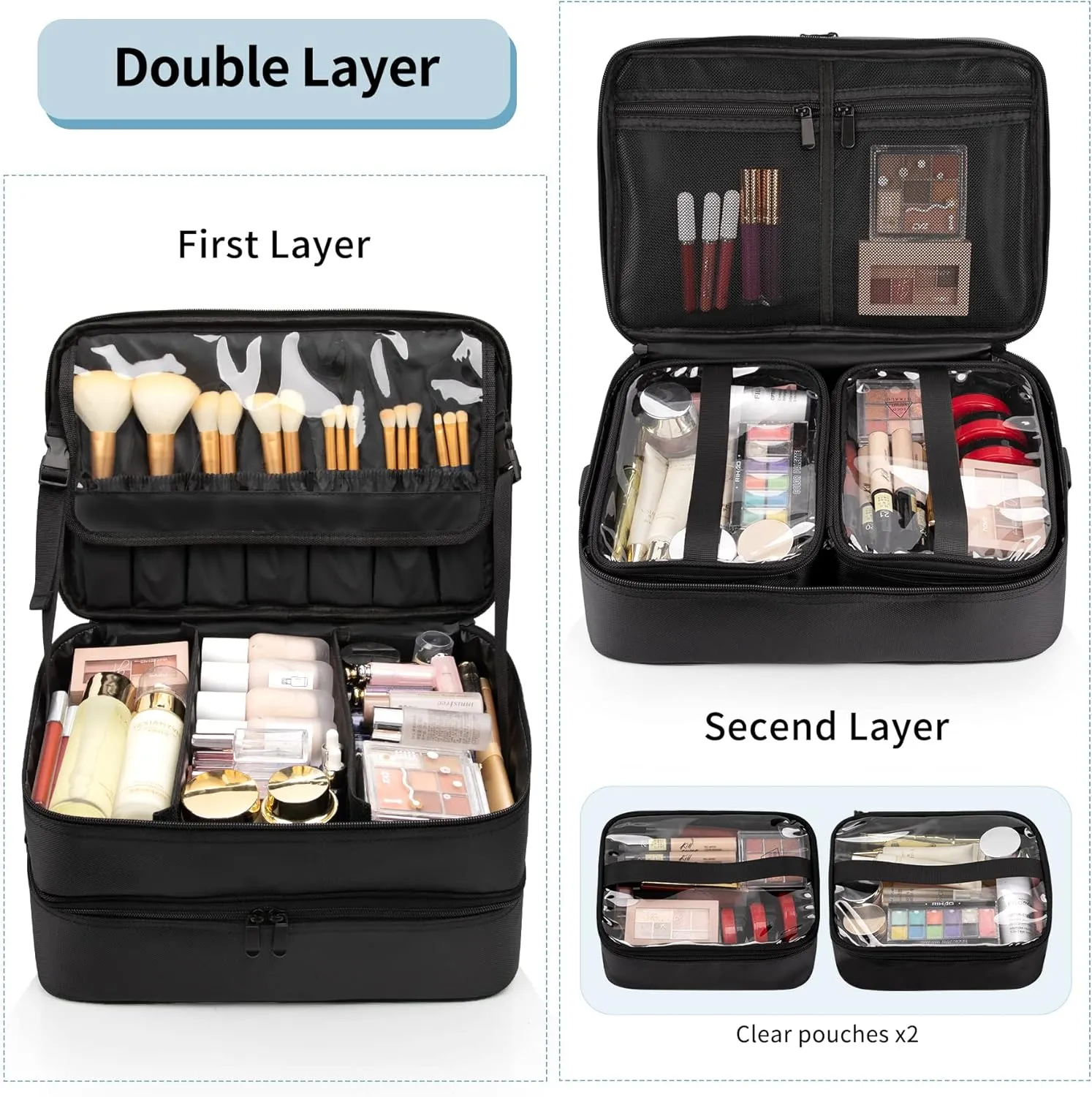 Extra Large Makeup Case, Professional Makeup Artist Traveling Bag, Double Layer XL Makeup Travel Case Organizer for Artist Nail Technician Hairstylist Crafters with 2 Detachable Pouch & Shoulder Strap