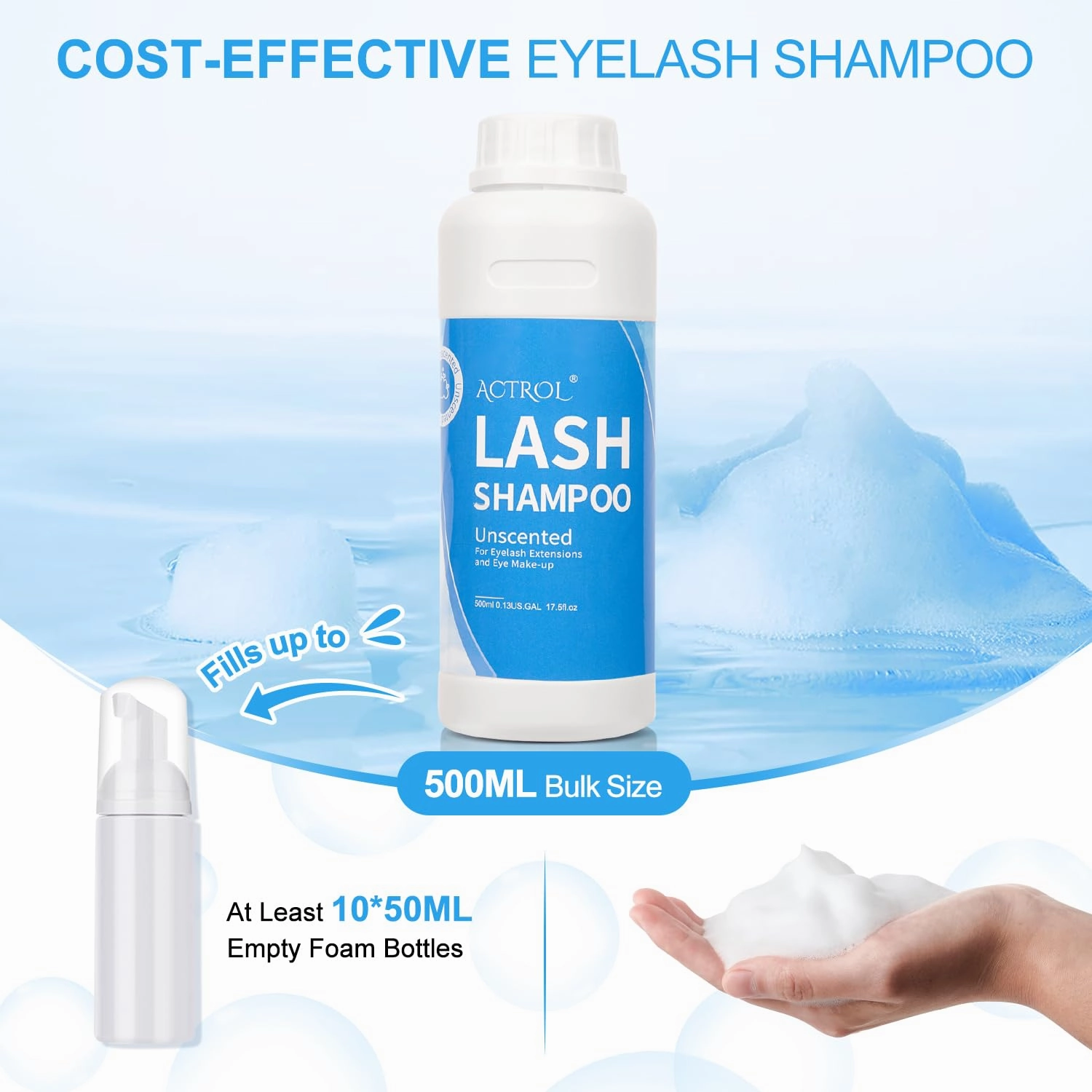 Eyelash Shampoo Cleanser 500ml, Natural Plant Ingredients, 17 Fl Oz, Shampoo Salon and Home Care, Cleansing, Alcohol Free, Paraben Free, Unscented Hydrosol