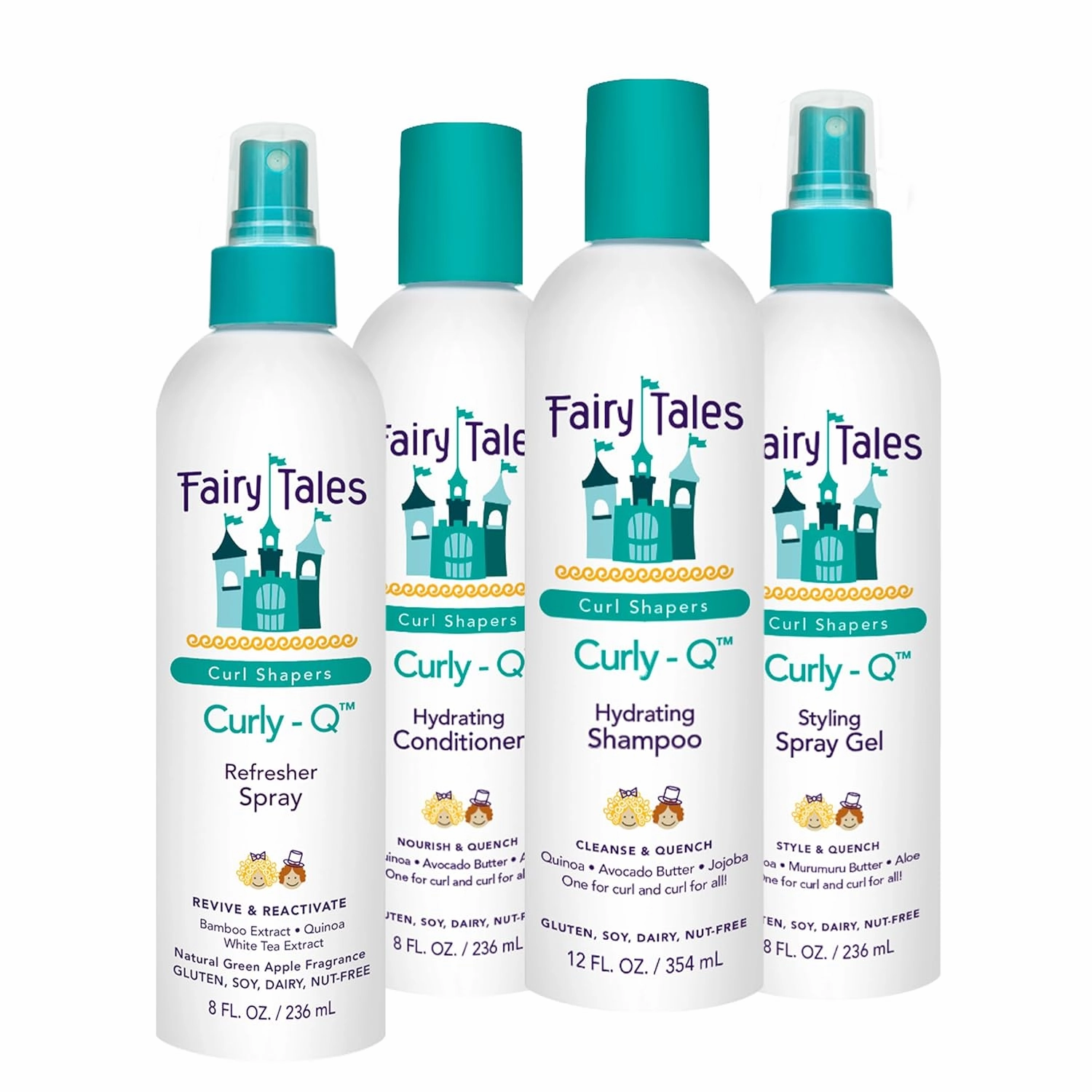 Fairy Tales Curly Hair Care Kit for Kids - Q Quad: Curly Hair Shampoo, Conditioner, Spray Gel, and Spray Refresher Bundle, Green Apple Scent, Phthalate, Paraben, Gluten Free, Hydrating, 4 Count